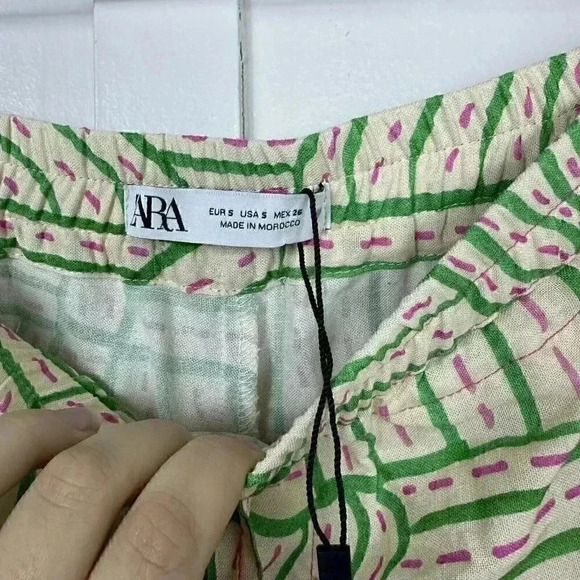 Zara Womens Pajama Pants Linen Blend Small S Ecru Pink Green Printed - Picture 7 of 7